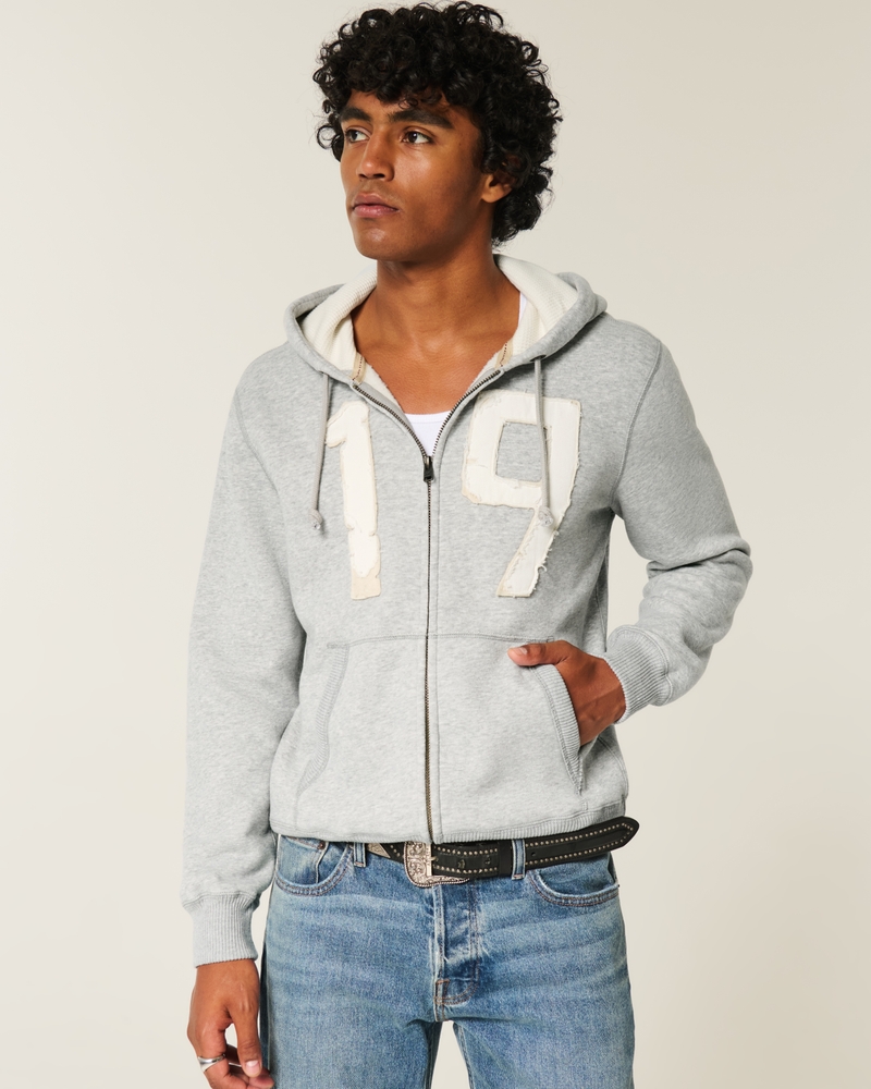 Waffle-Lined Number Graphic Zip-Up Hoodie