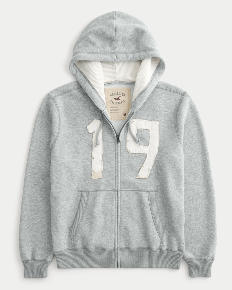 Waffle-Lined Number Graphic Zip-Up Hoodie
