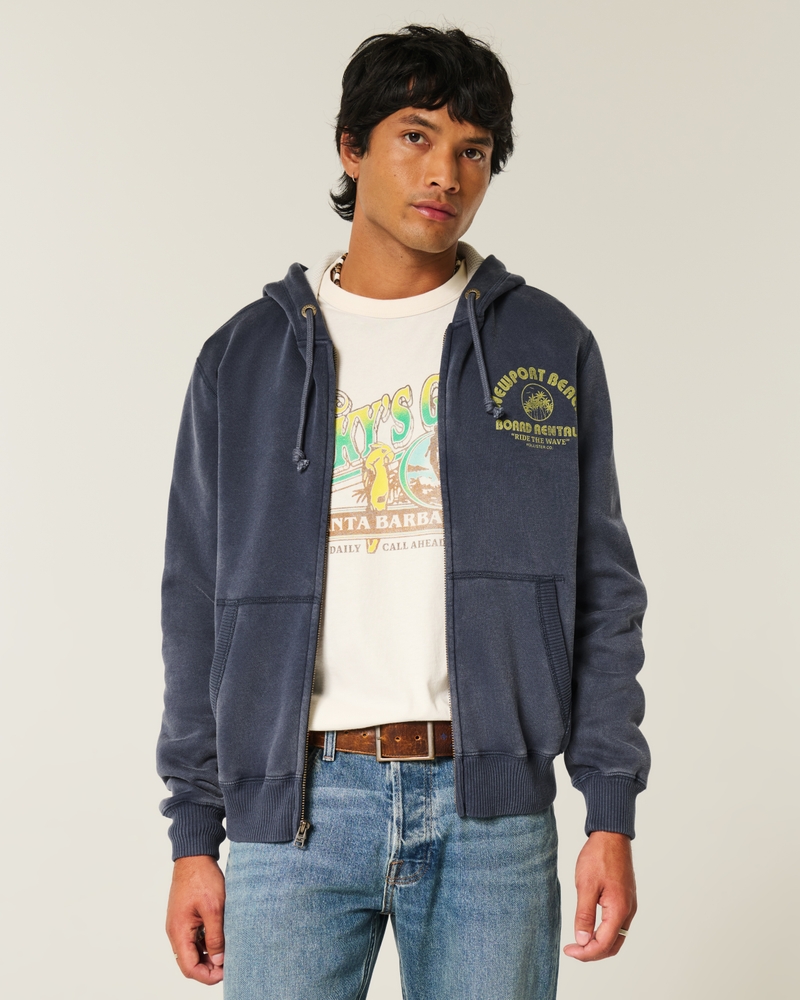 Waffle-Lined Newport Beach Graphic Zip-Up Hoodie
