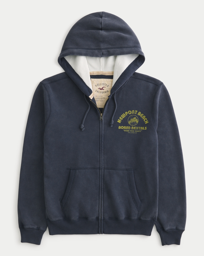 Waffle-Lined Newport Beach Graphic Zip-Up Hoodie