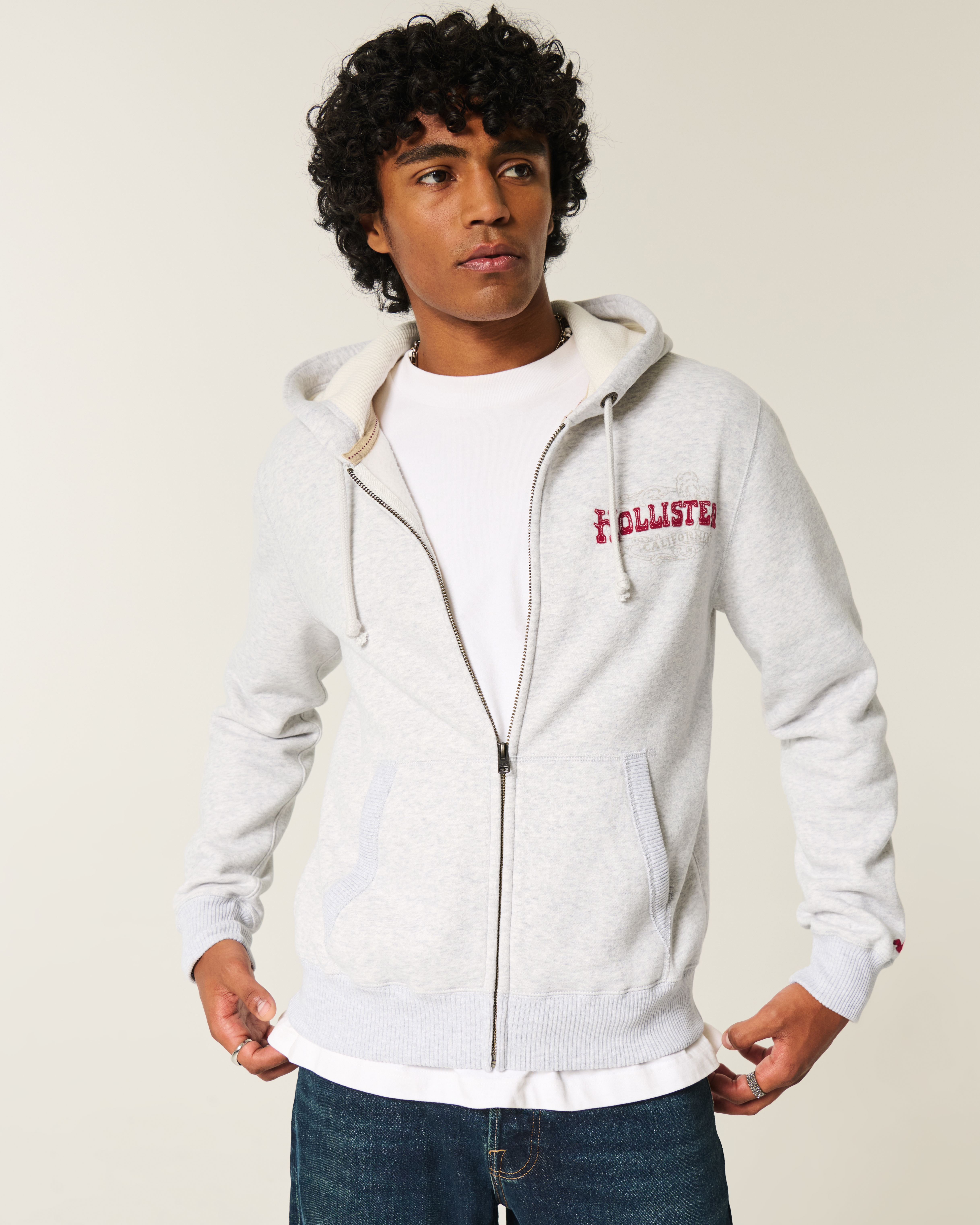 Waffle-Lined Logo Graphic Zip-Up Hoodie