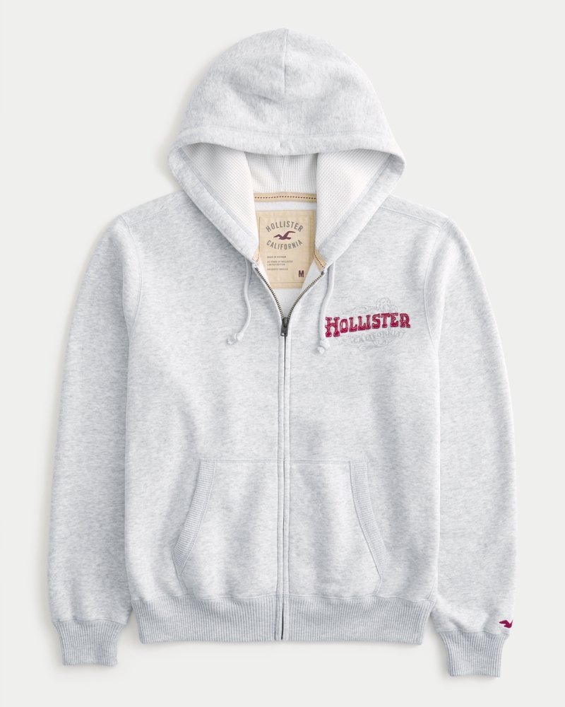 Waffle-Lined Logo Graphic Zip-Up Hoodie
