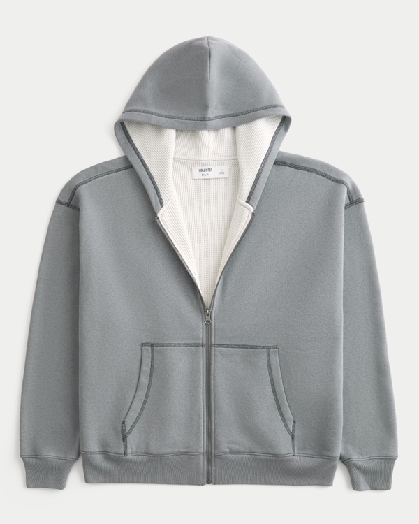 Boxy Waffle-Lined Zip-Up Hoodie