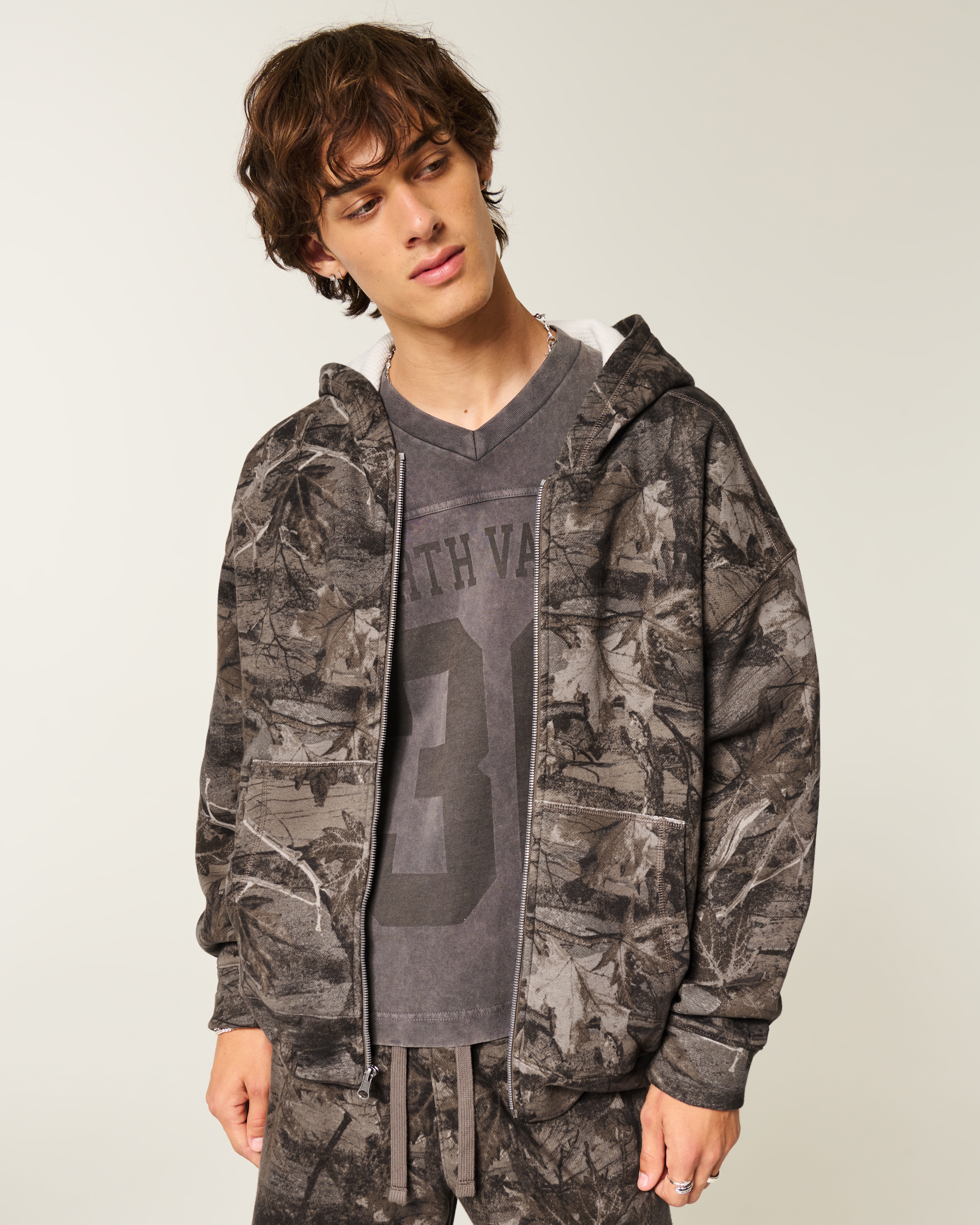 Boxy Waffle-Lined Camo Zip-Up Hoodie