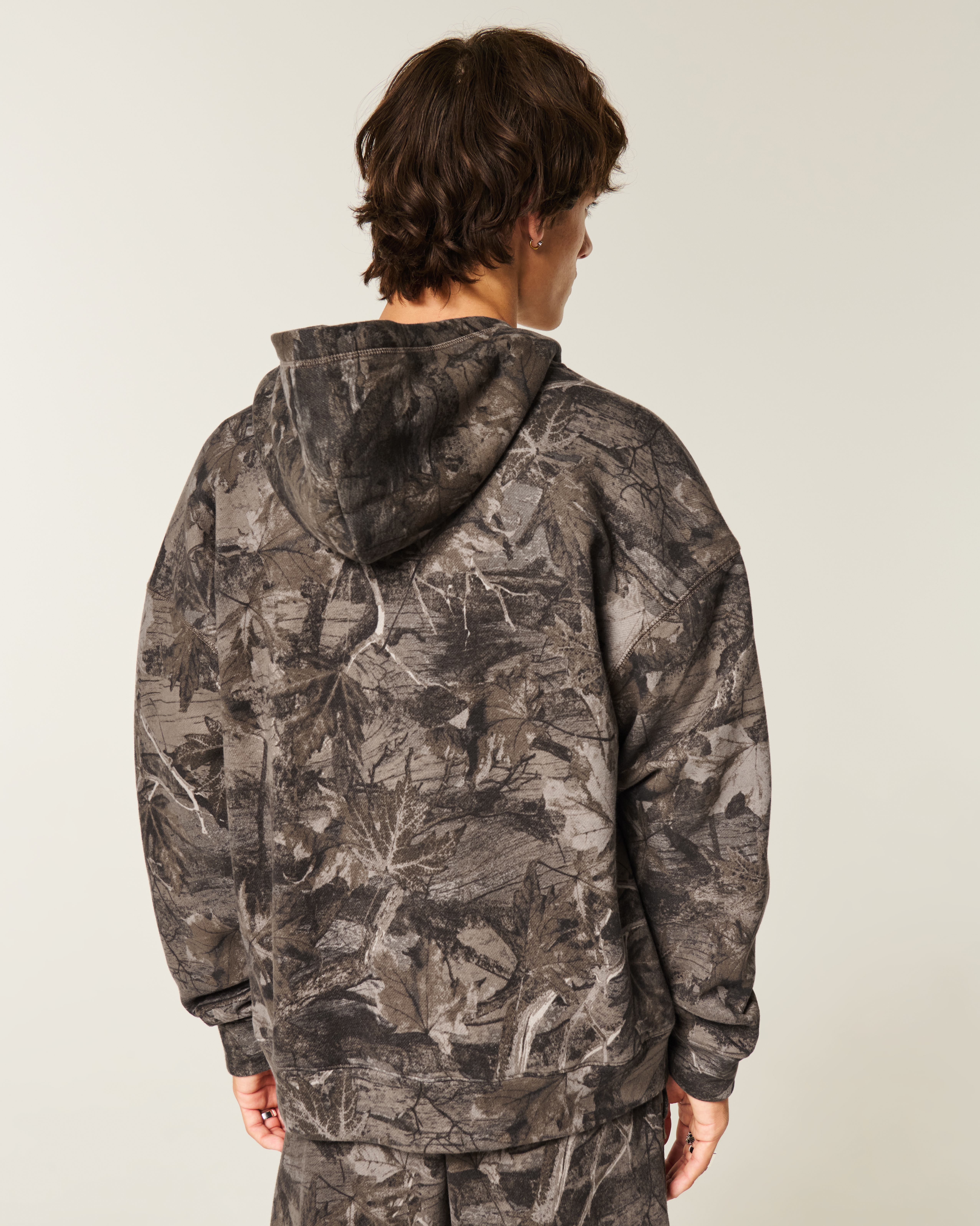 Boxy Waffle-Lined Camo Zip-Up Hoodie