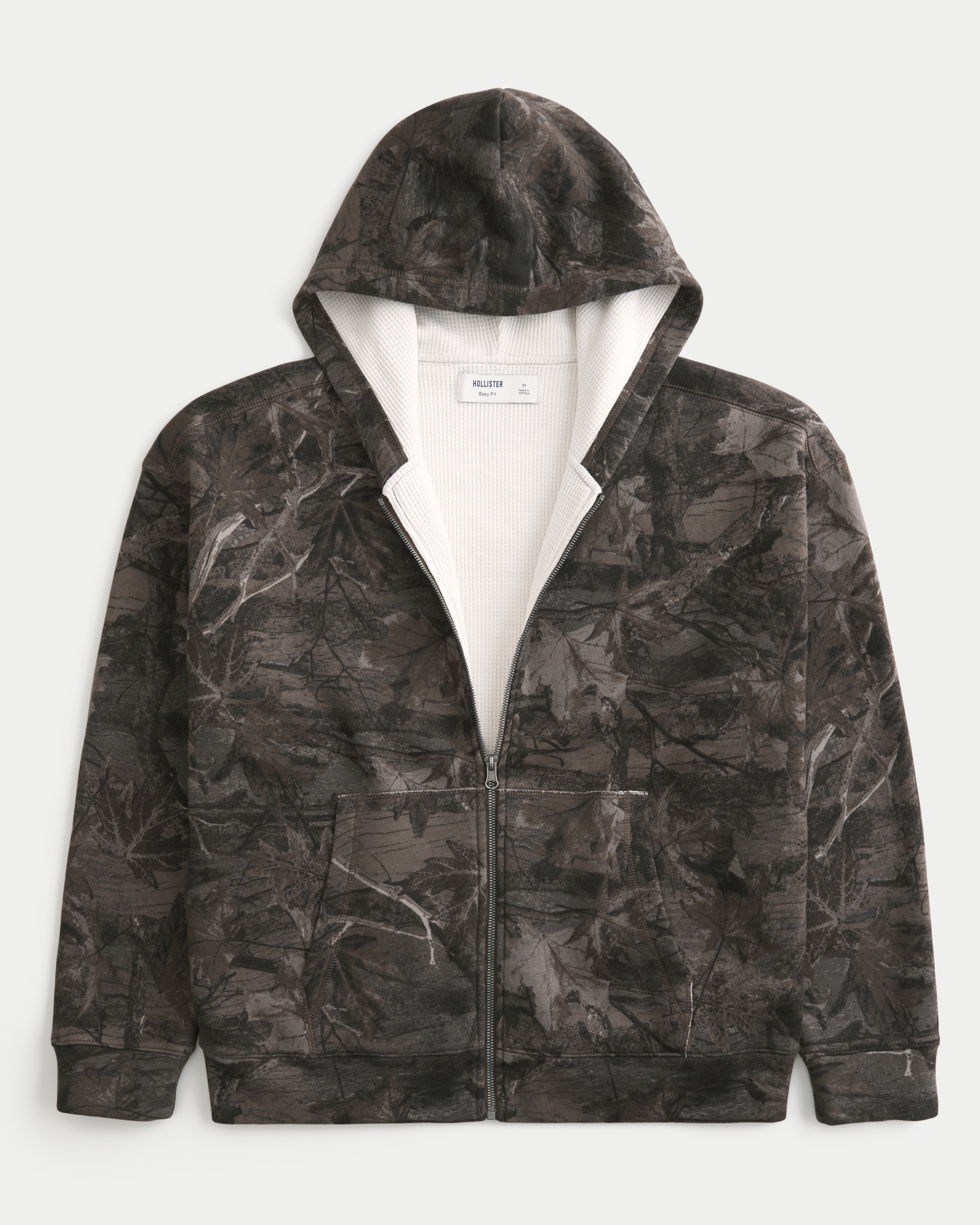 Boxy Waffle-Lined Camo Zip-Up Hoodie