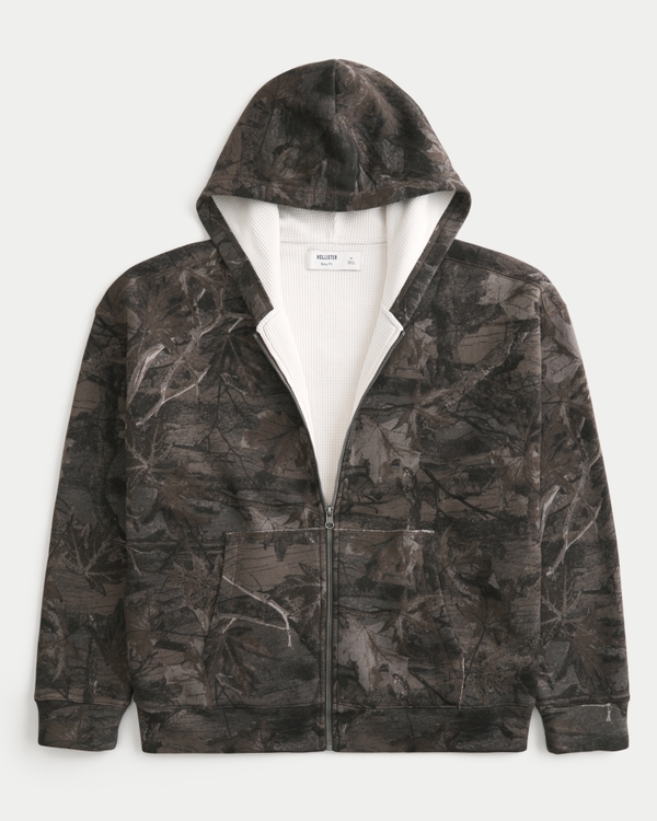 Boxy Waffle-Lined Camo Zip-Up Hoodie