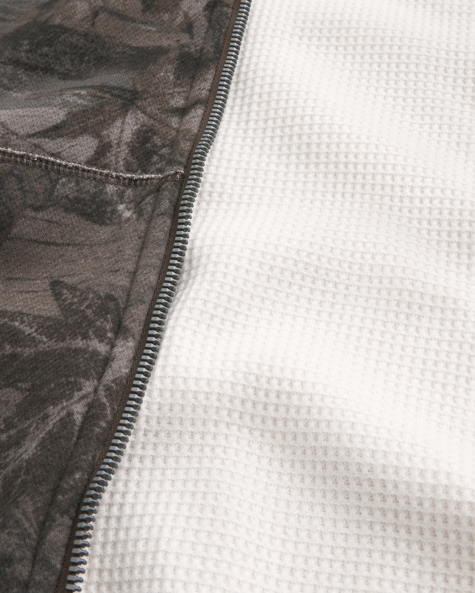 Boxy Waffle-Lined Camo Zip-Up Hoodie