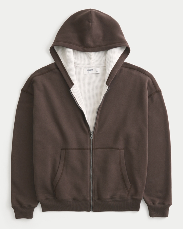 Boxy Waffle-Lined Zip-Up Hoodie
