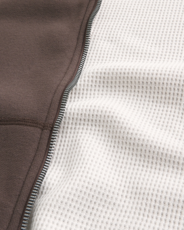Boxy Waffle-Lined Zip-Up Hoodie