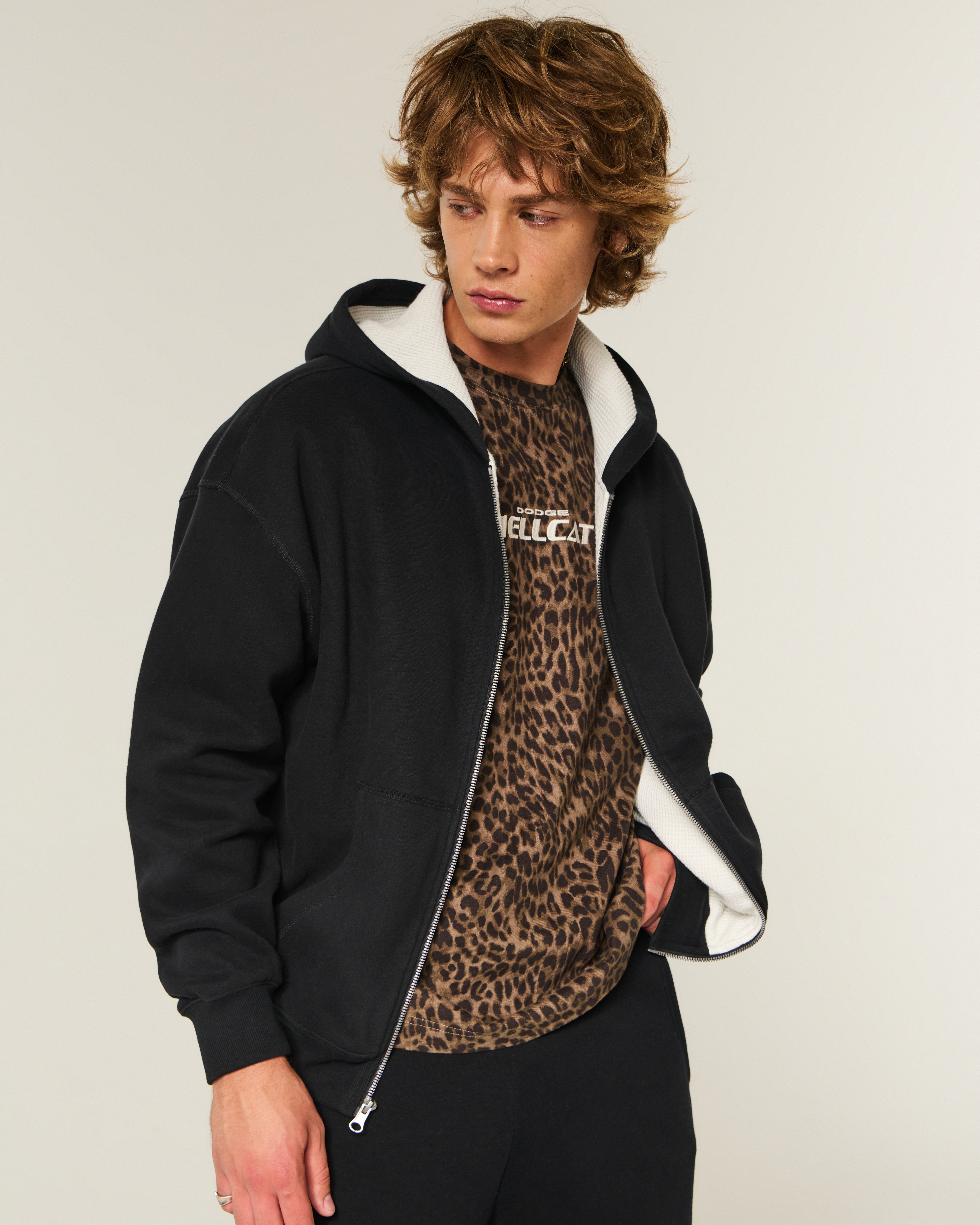 Boxy Waffle-Lined Zip-Up Hoodie