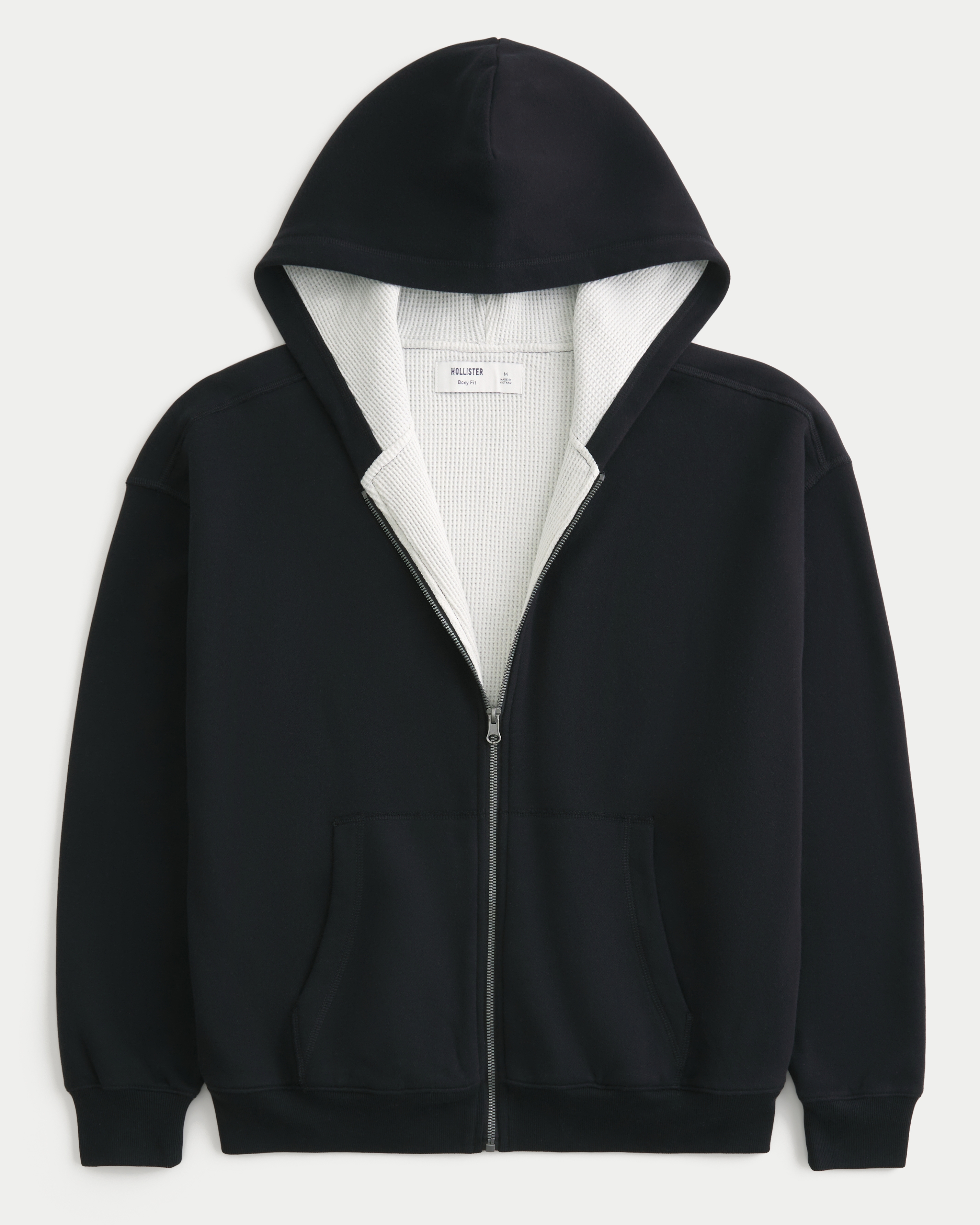 Boxy Waffle-Lined Zip-Up Hoodie