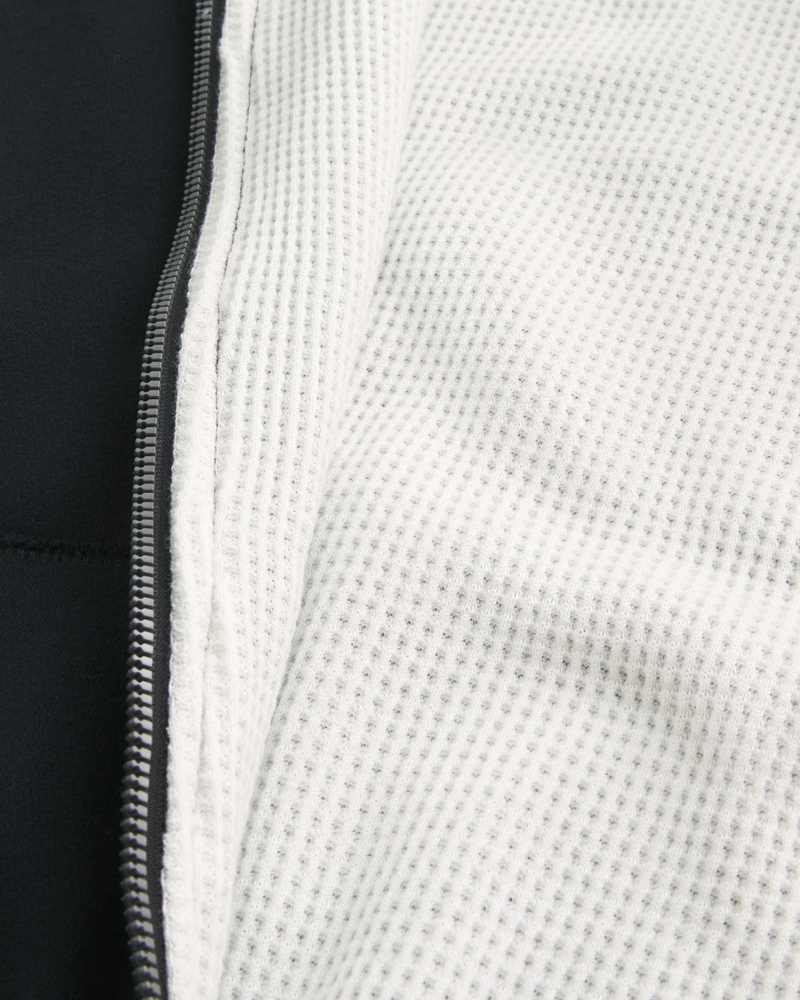Boxy Waffle-Lined Zip-Up Hoodie
