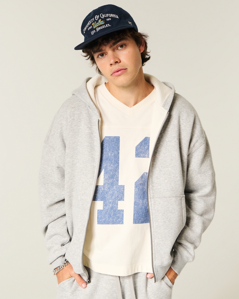 Boxy Waffle-Lined Zip-Up Hoodie