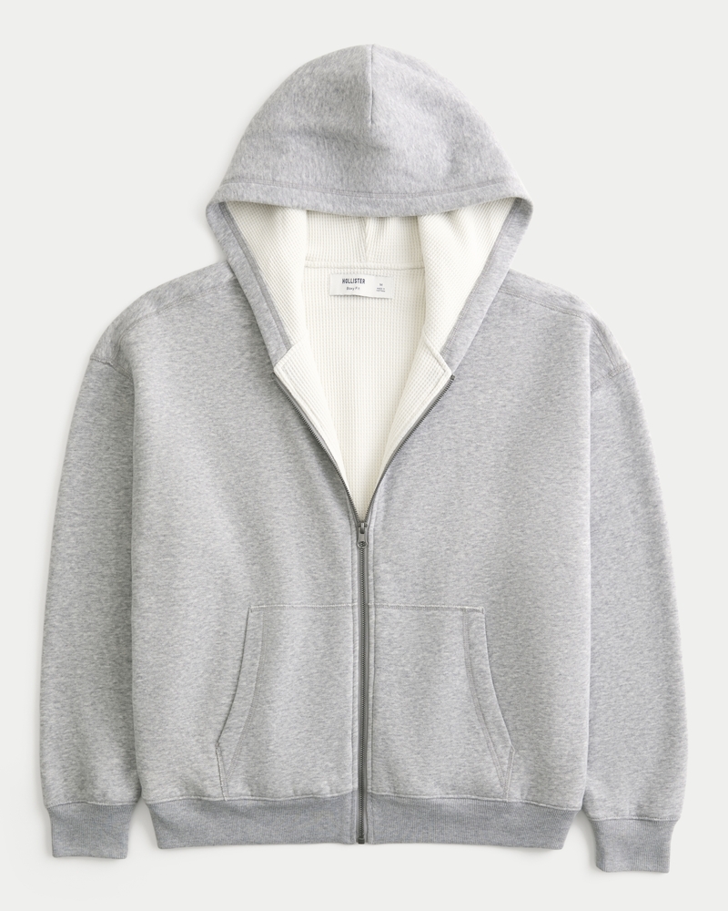Boxy Waffle-Lined Zip-Up Hoodie