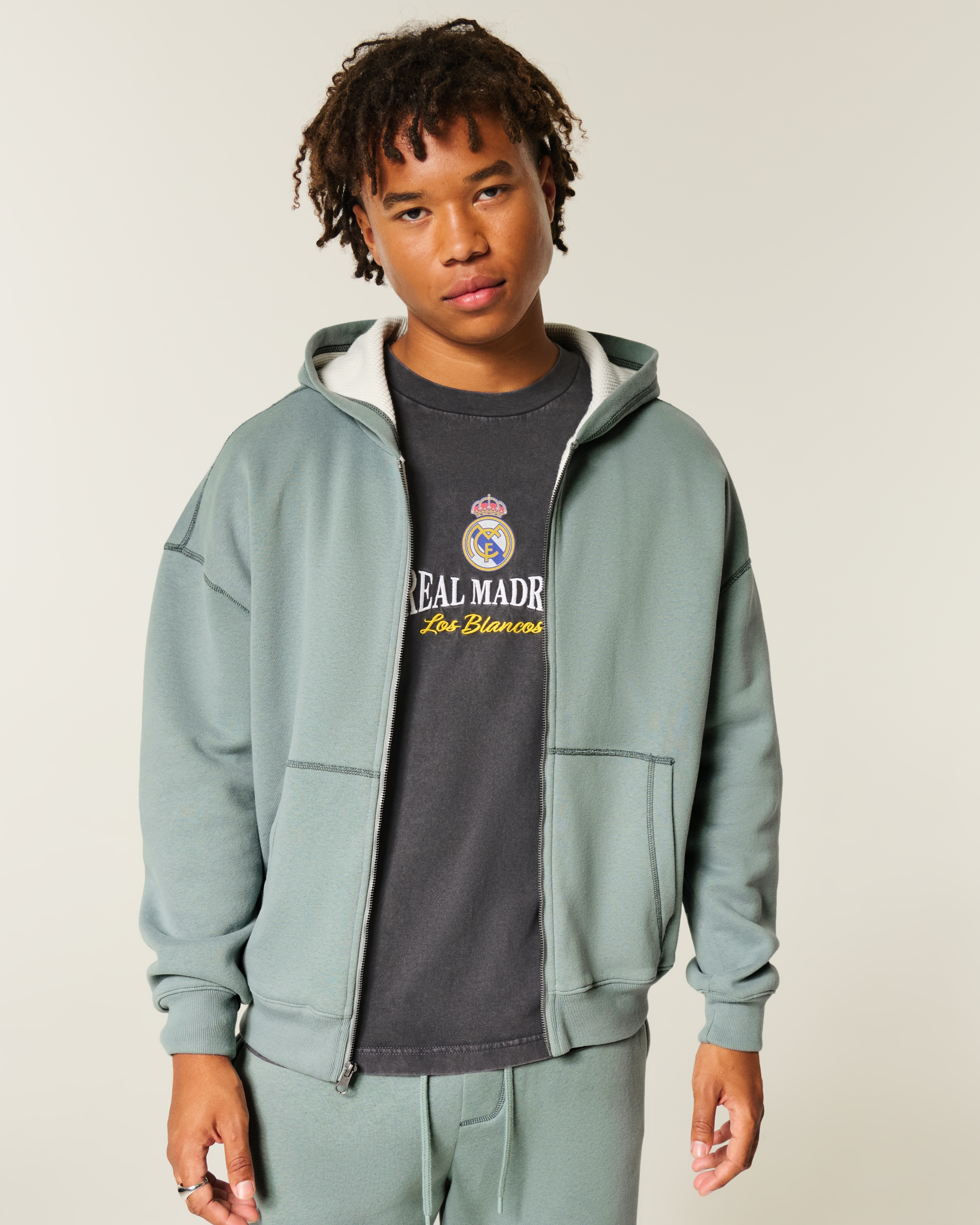Boxy Thermal-Lined Zip-Up Hoodie