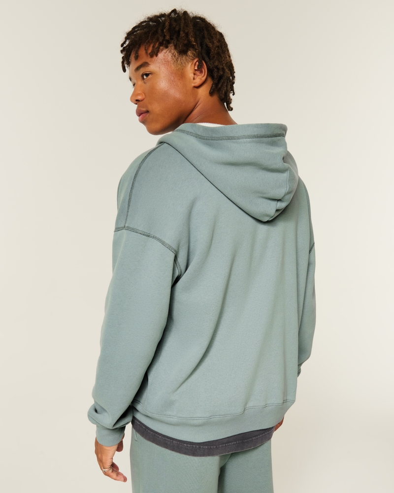 Boxy Waffle-Lined Zip-Up Hoodie