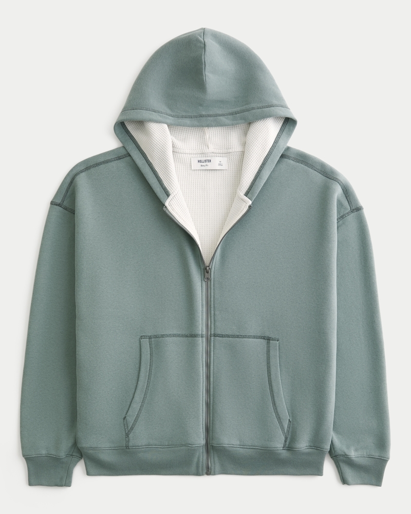 Boxy Waffle-Lined Zip-Up Hoodie