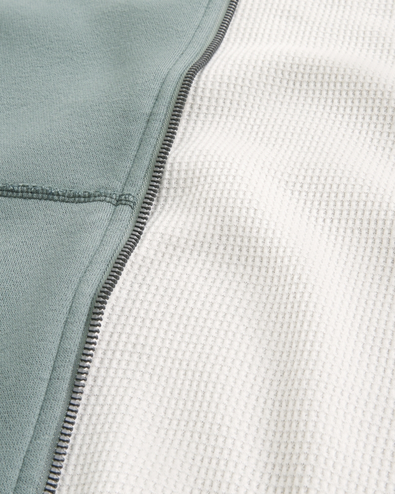 Boxy Waffle-Lined Zip-Up Hoodie