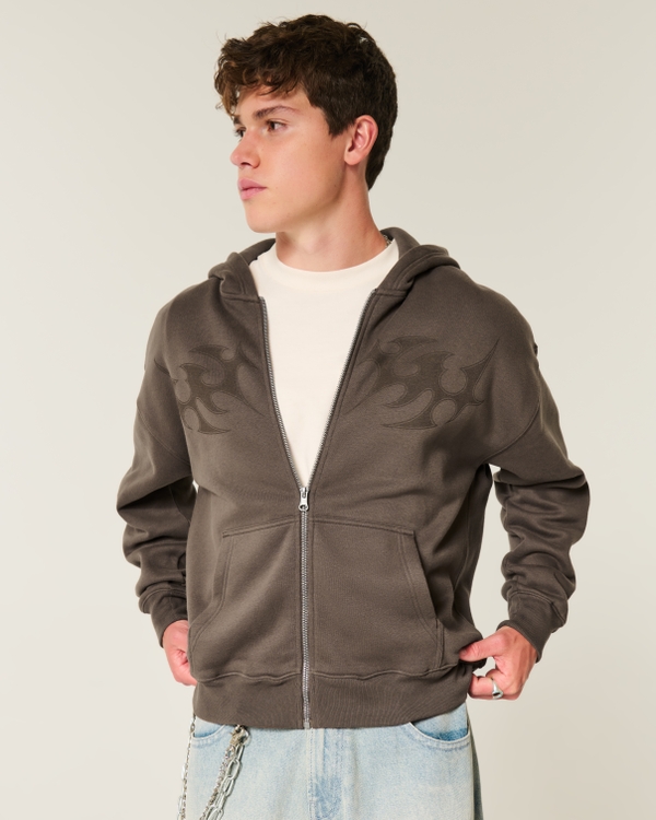 Boxy Flame Graphic Zip-Up Hoodie, Dark Brown view 1