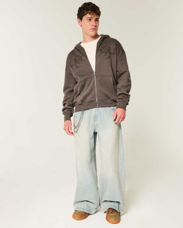 Boxy Flame Graphic Zip-Up Hoodie, Dark Brown view 2
