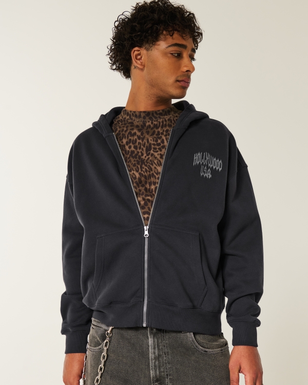 Boxy Hollywood Graphic Zip-Up Hoodie, Faded Black view 1
