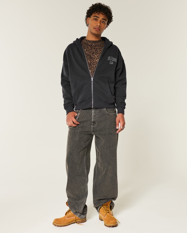 Boxy Hollywood Graphic Zip-Up Hoodie, Faded Black view 2