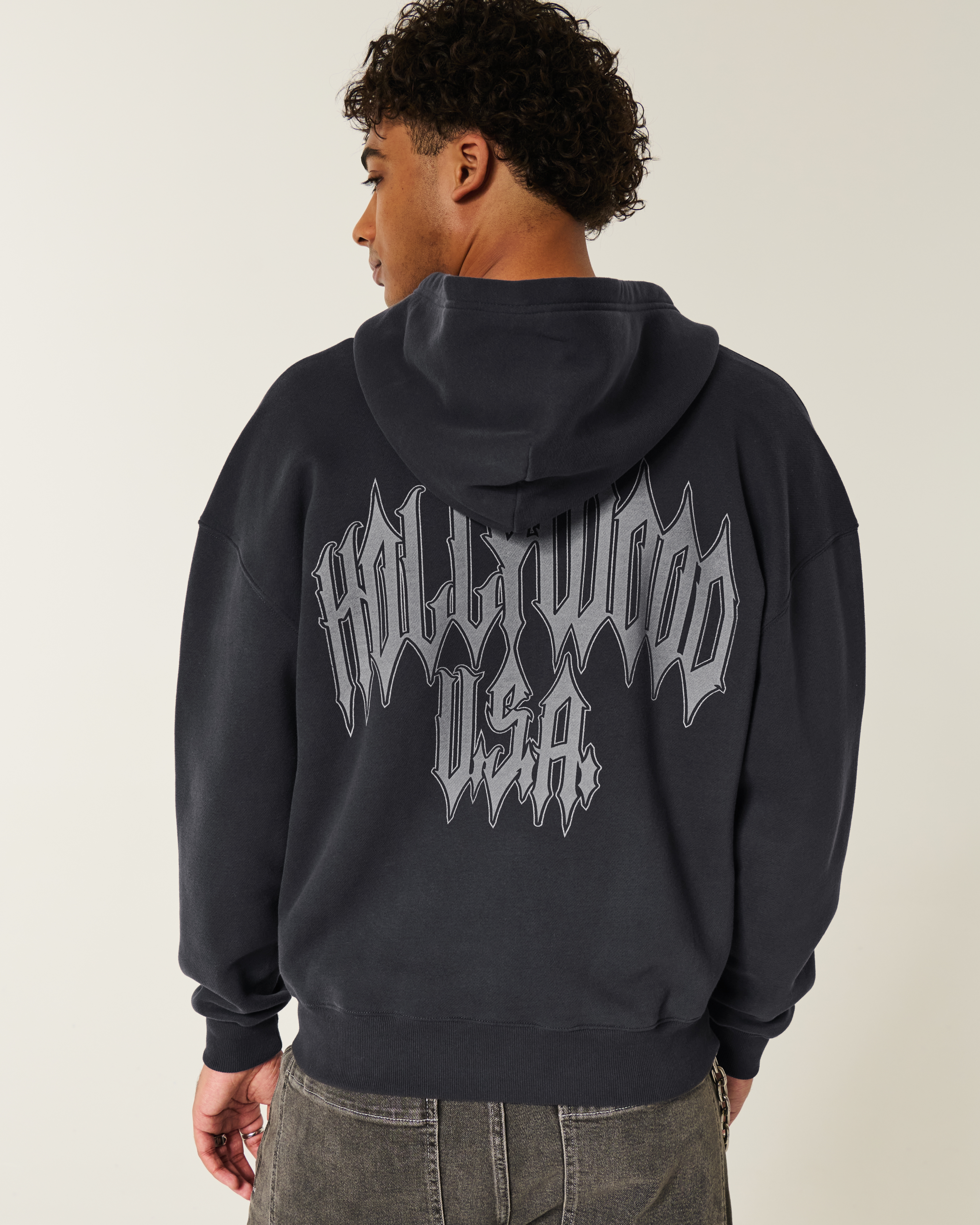 Boxy Hollywood Graphic Zip-Up Hoodie