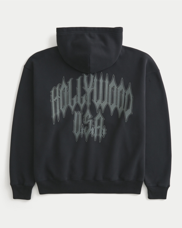Boxy Hollywood Graphic Zip-Up Hoodie, Faded Black view 1