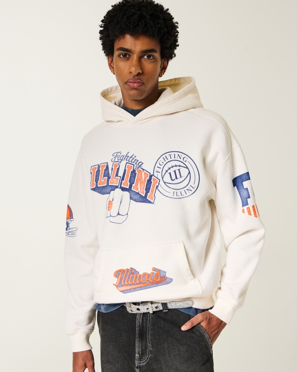 Boxy University of Illinois Fighting Illini Graphic Hoodie, Cream view 1