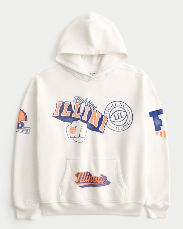 Boxy University of Illinois Fighting Illini Graphic Hoodie, Cream view 2