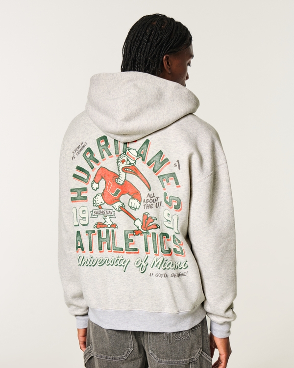 Boxy Zip-Up University of Miami Hurricanes Graphic Hoodie, Light Heather Gray view 2