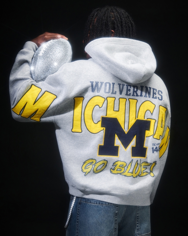 Boxy Zip-Up University of Michigan Wolverines Graphic Hoodie, Heather Gray view 1