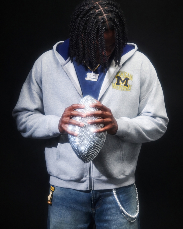 Boxy Zip-Up University of Michigan Wolverines Graphic Hoodie, Heather Gray view 2
