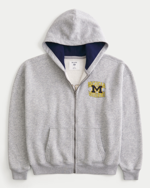 Boxy Zip-Up University of Michigan Wolverines Graphic Hoodie, Heather Gray view 2