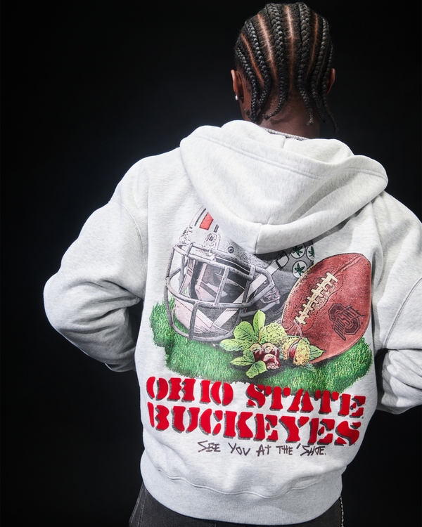 Boxy Zip-Up The Ohio State University Buckeyes Graphic Hoodie, Light Heather Gray view 1