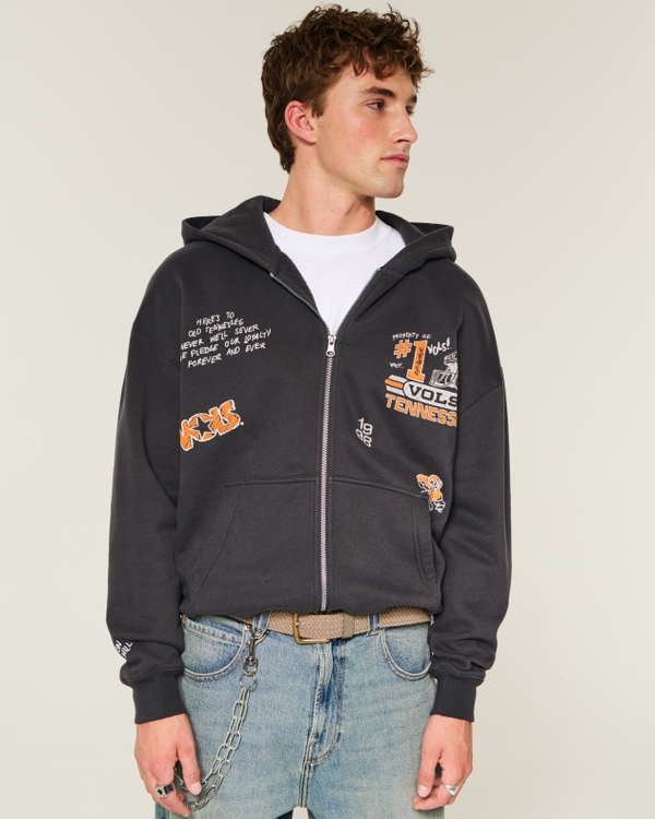 Boxy Zip-Up University of Tennessee Volunteers Graphic Hoodie, Faded Black view 1