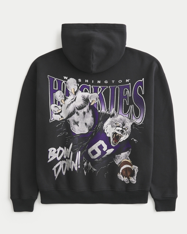 Boxy University of Washington Huskies Graphic Hoodie, Faded Black view 1