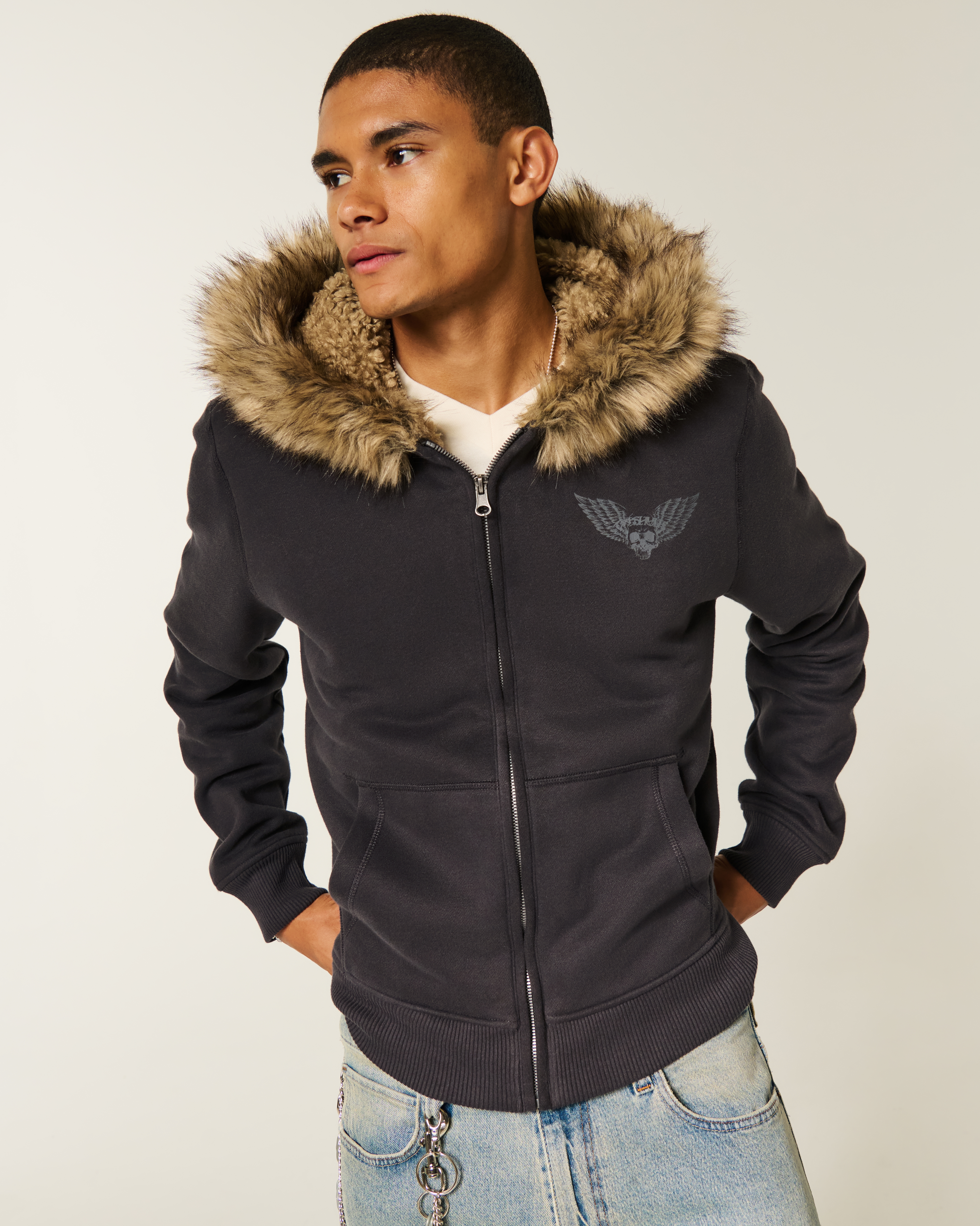 Faux Fur-Lined Skull Graphic Zip-Up Hoodie