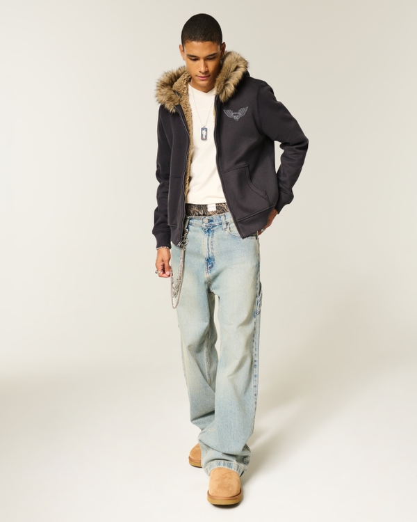 Faux Fur-Lined Skull Graphic Zip-Up Hoodie