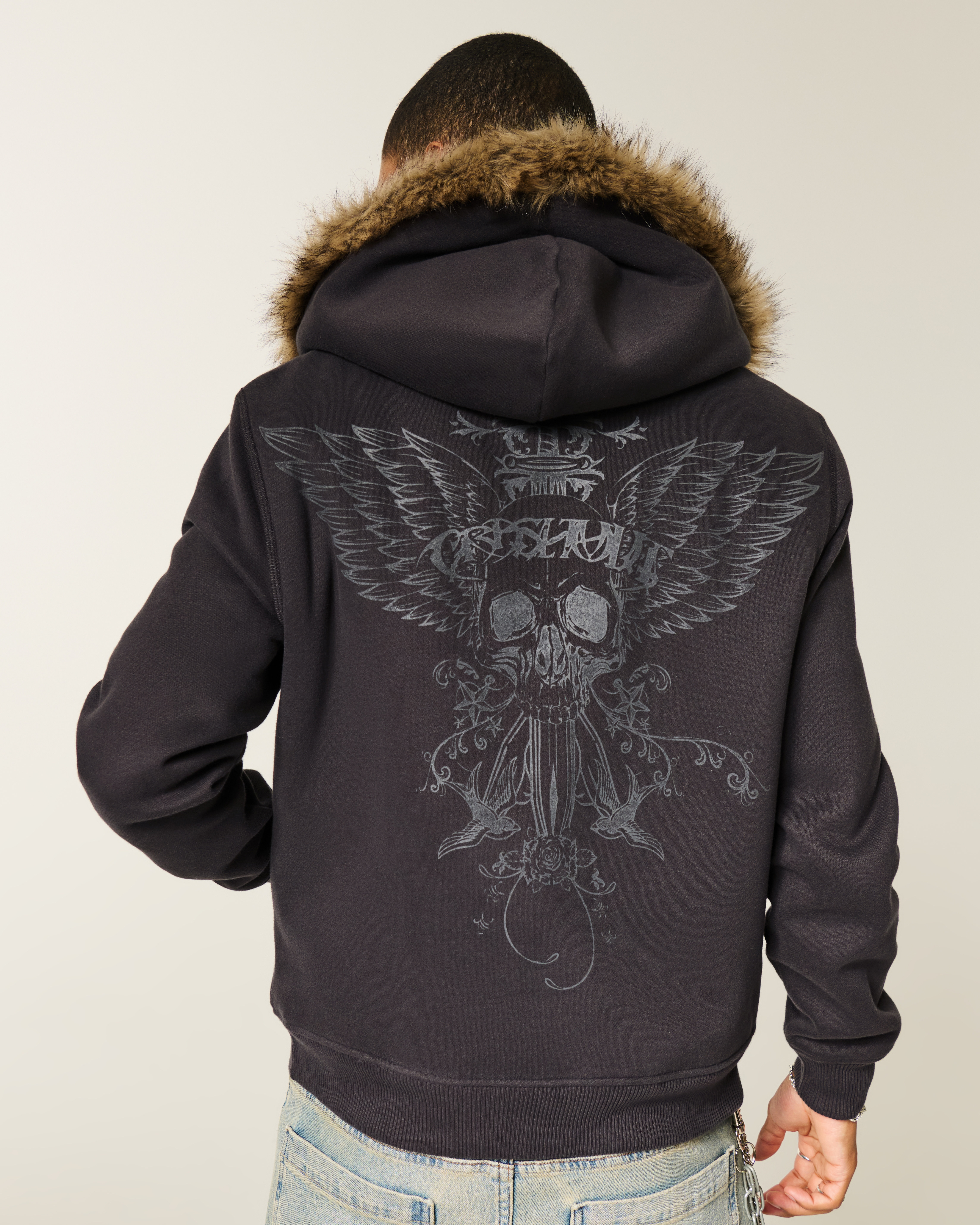 Faux Fur-Lined Skull Graphic Zip-Up Hoodie