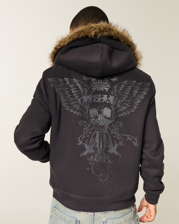 Faux Fur-Lined Skull Graphic Zip-Up Hoodie