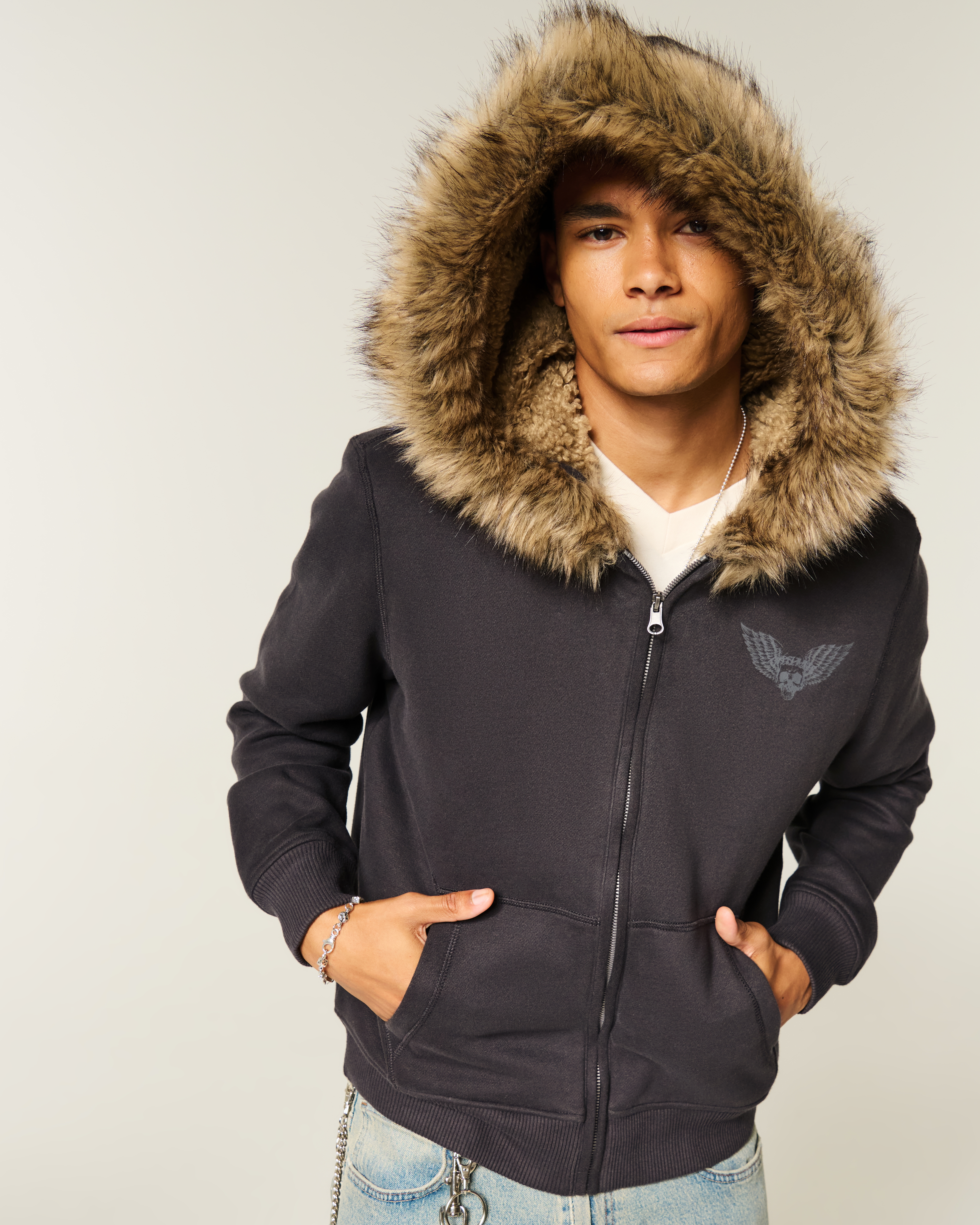 Faux Fur-Lined Skull Graphic Zip-Up Hoodie