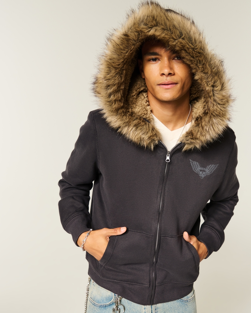 Men's Faux Fur-Lined Skull Graphic Zip-Up Hoodie Men's Tops