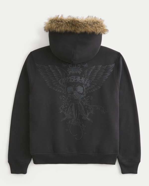 Faux Fur-Lined Skull Graphic Zip-Up Hoodie