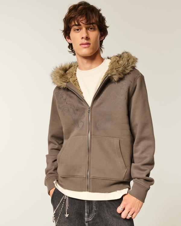 新品　Hollister ジップアップパーカー　ファー付き　Ｍサイズ メンズ フェイクファー裏地付き グラフィック ジップアップフーディー