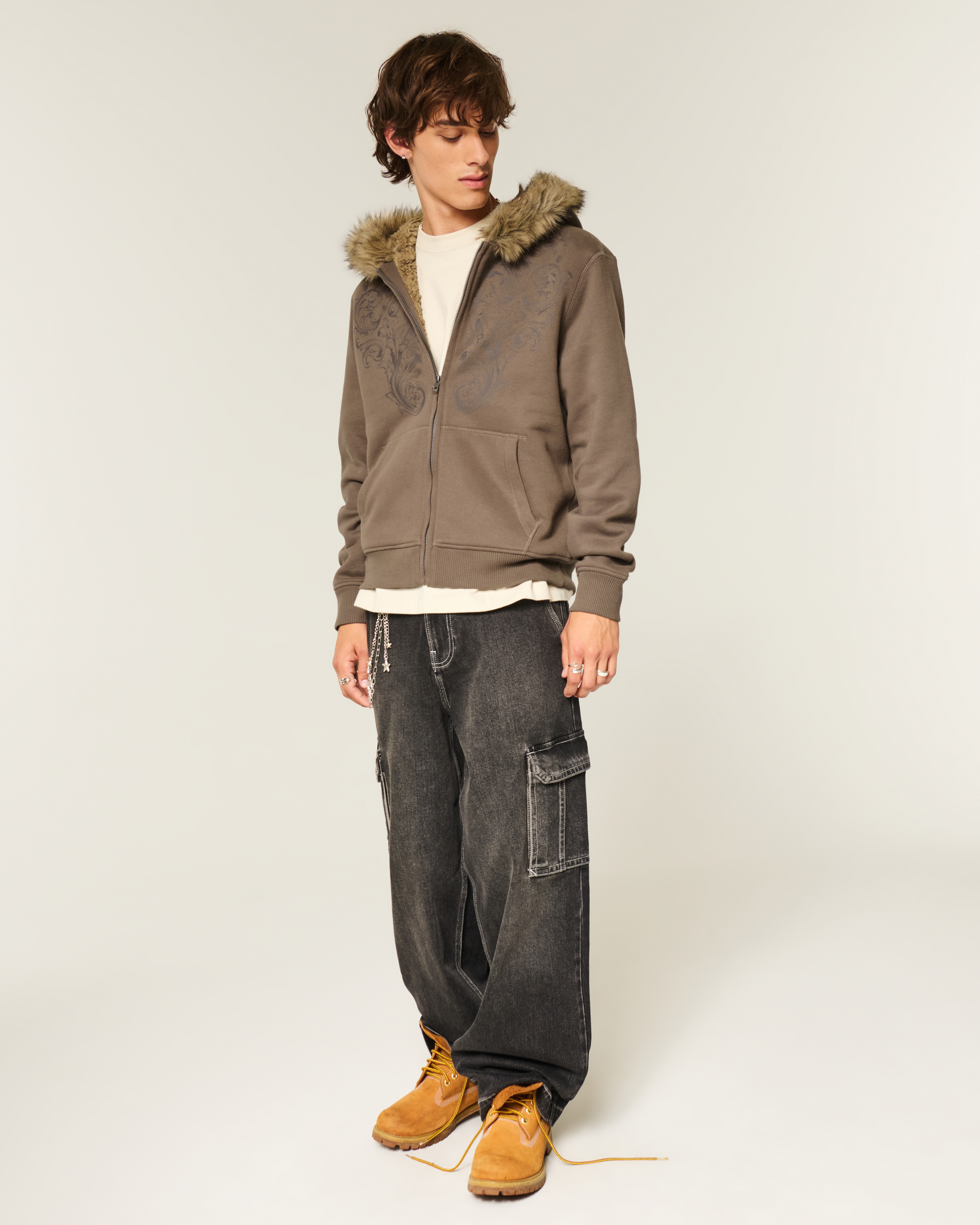 Faux Fur-Lined Graphic Zip-Up Hoodie