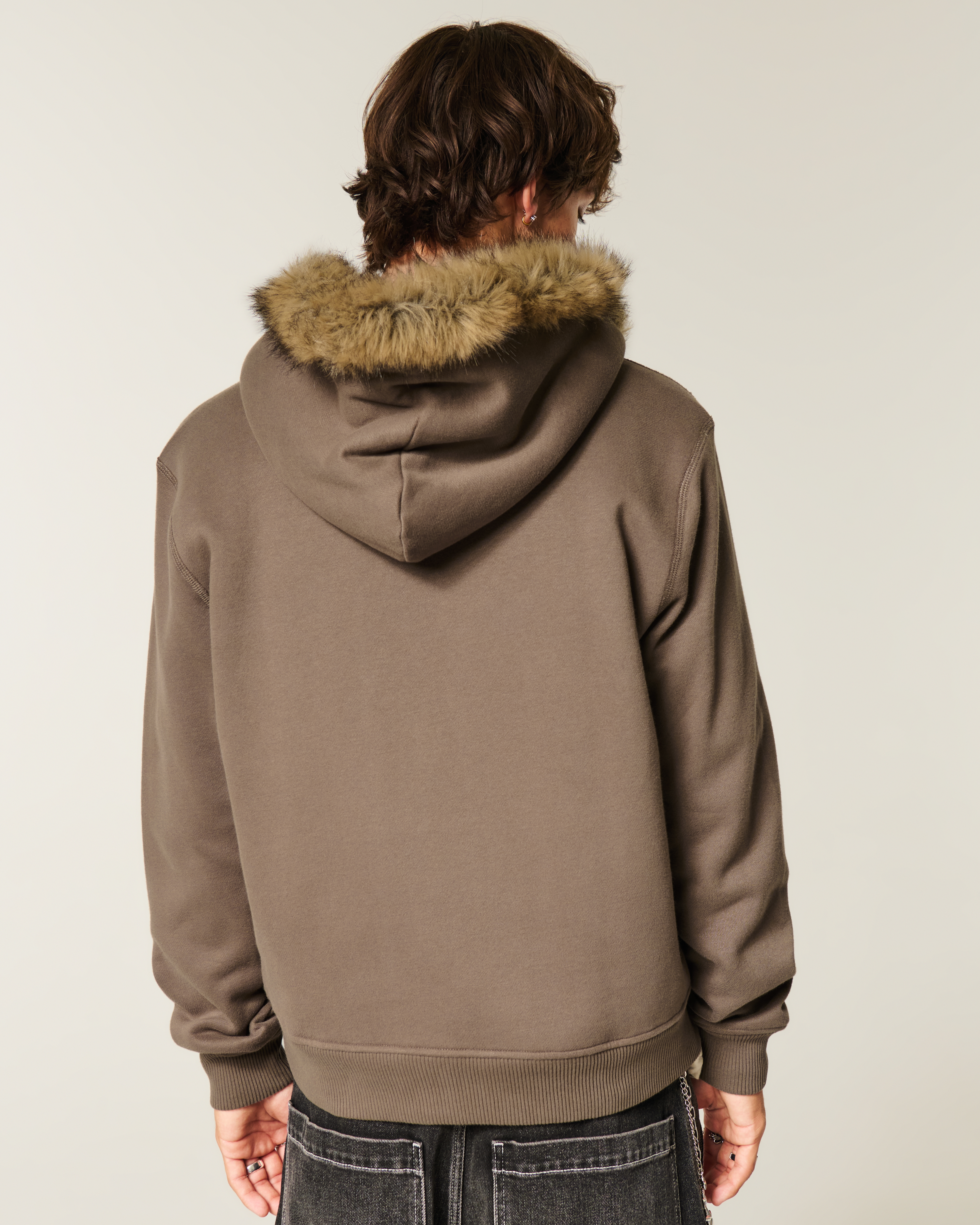 Faux Fur-Lined Graphic Zip-Up Hoodie