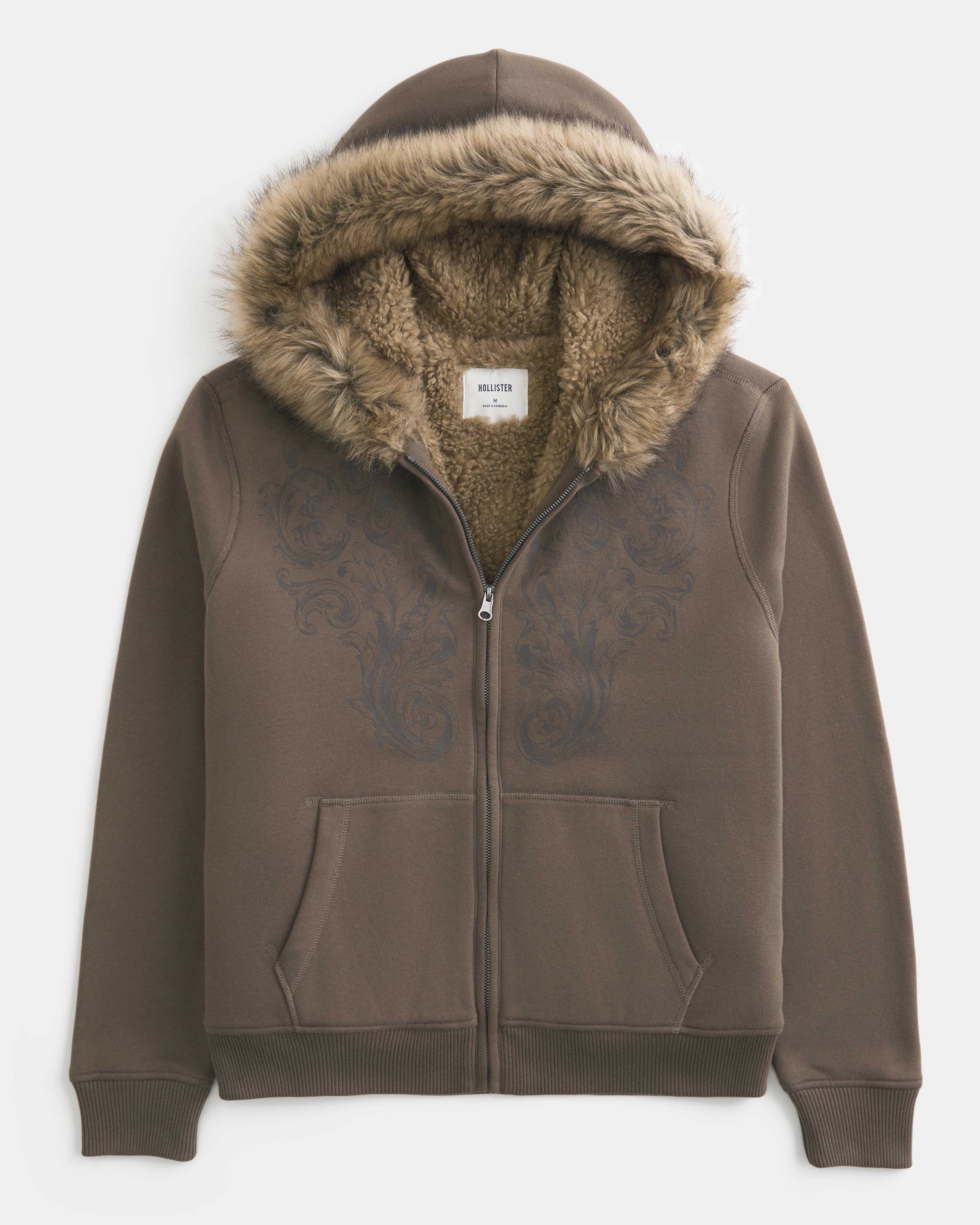 Faux Fur-Lined Graphic Zip-Up Hoodie