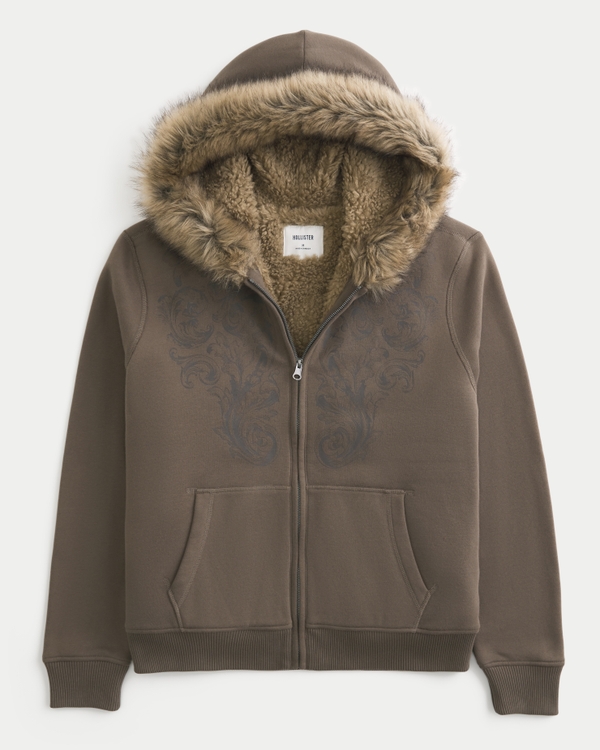 Men's Faux Fur-Lined Graphic Zip-Up Hoodie | Men's Tops